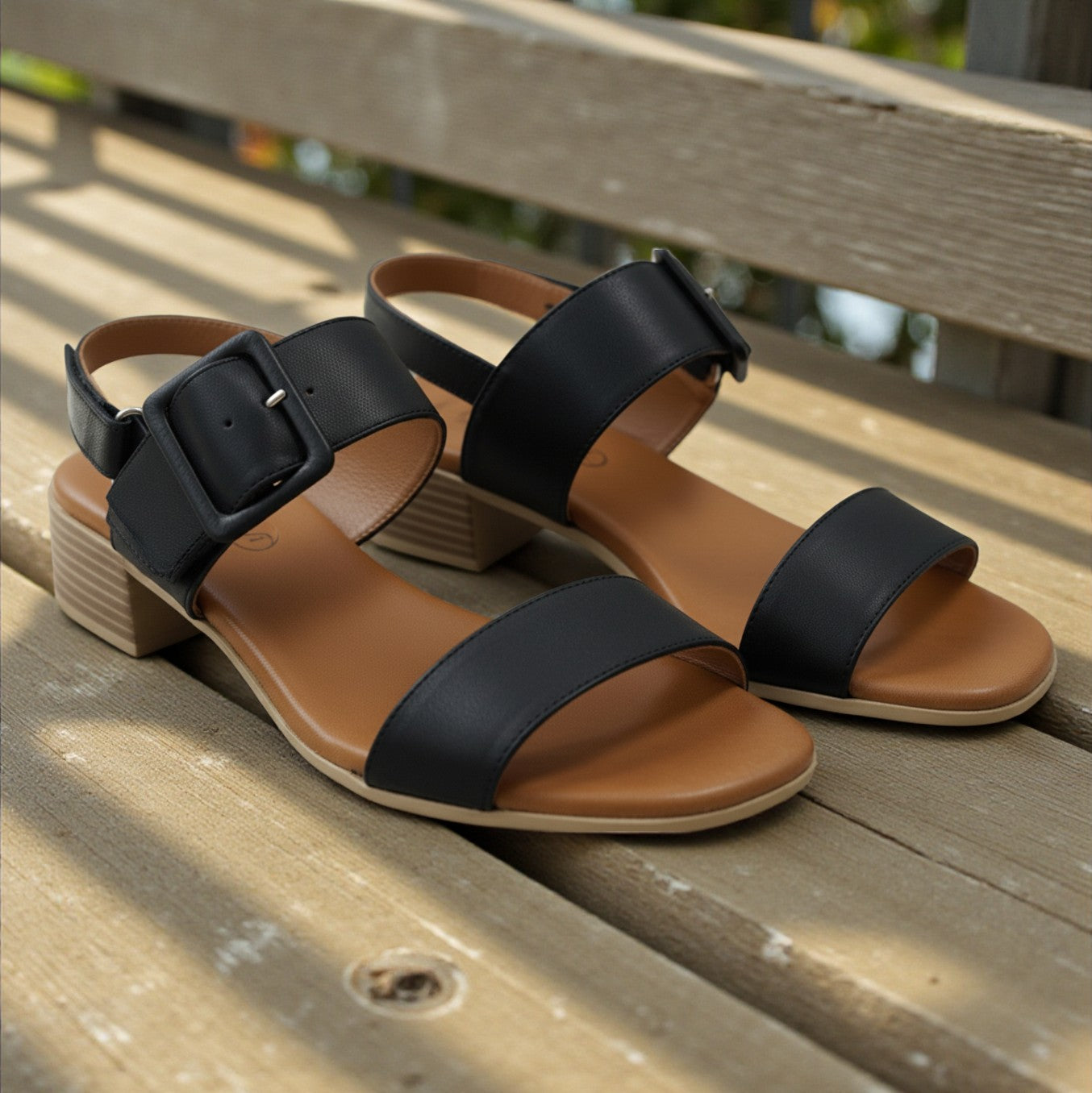 Alara black leather two strap sandal with statement buckle