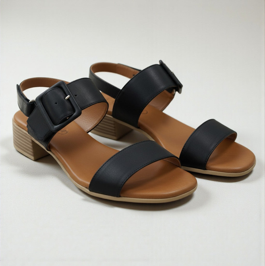Alara black leather two strap sandal with statement buckle