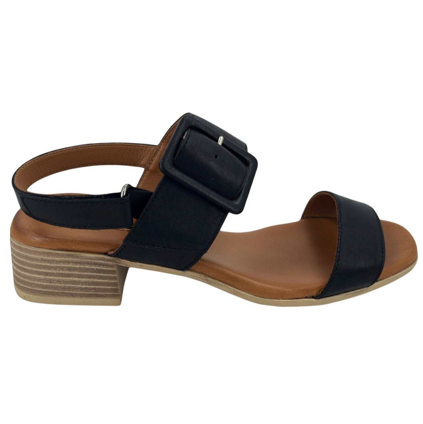 Alara black leather two strap sandal with statement buckle