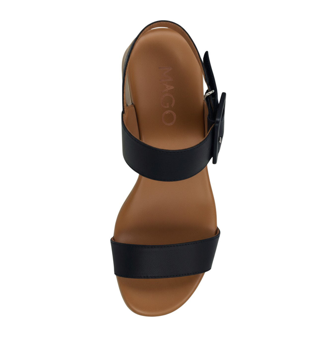 Alara black leather two strap sandal with statement buckle