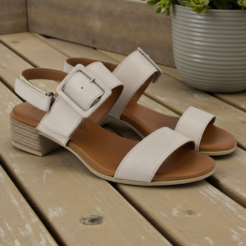 Alara grey leather two strap sandal with statement buckle