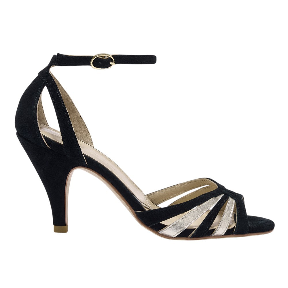 Brigitte black and gold ankle strap sandals