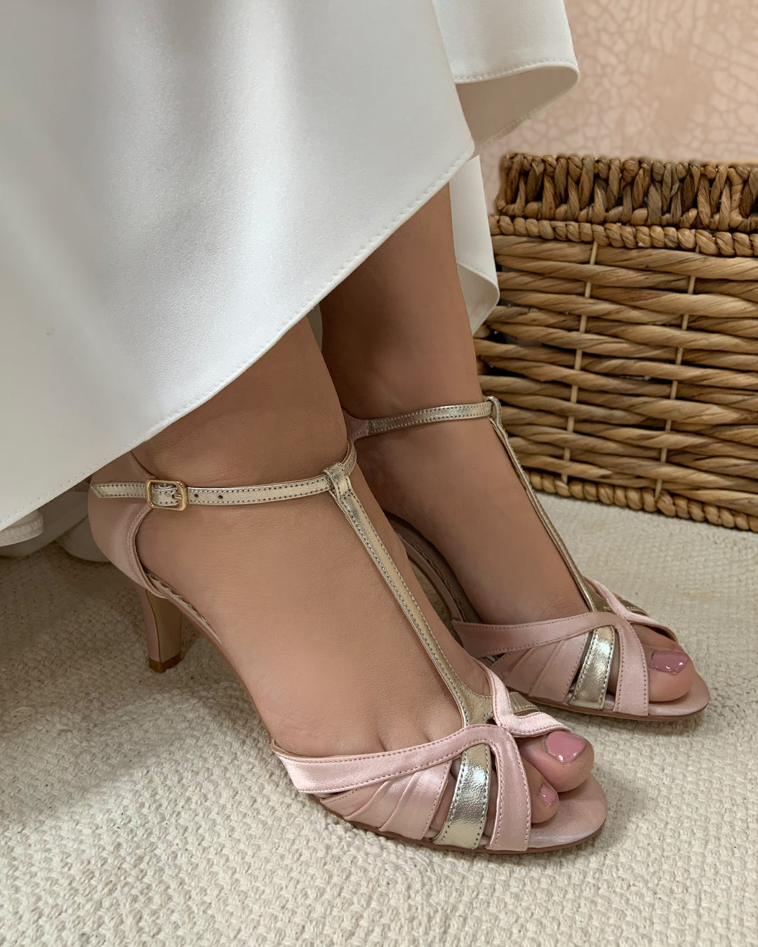 Bronte blush pink vintage style t-bar sandals