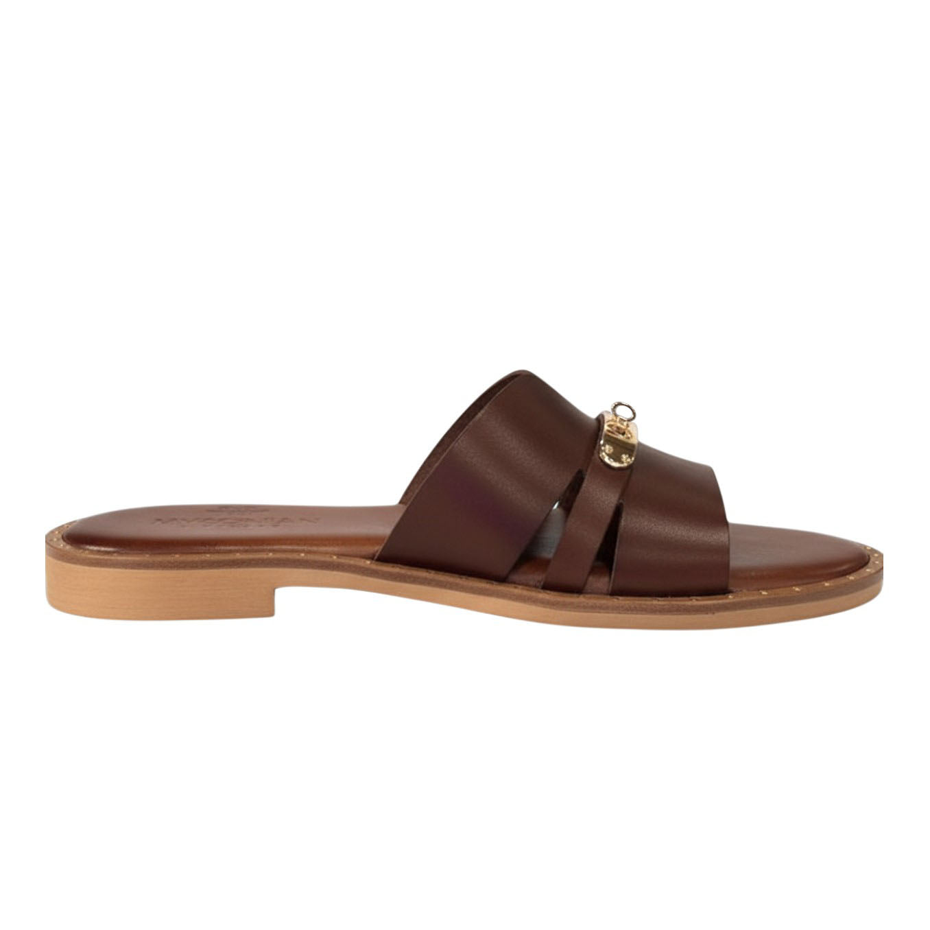 Cora brown leather flat mules with gold trim