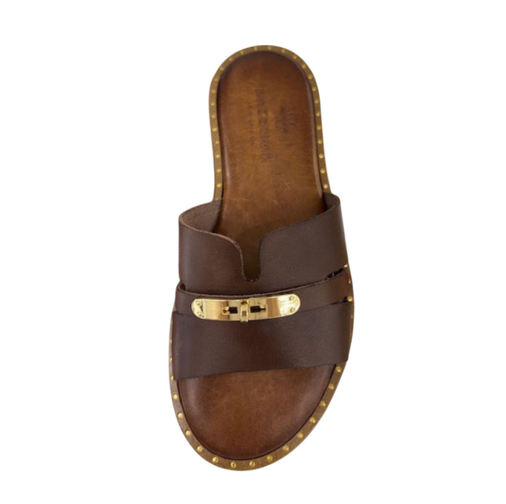 Cora brown leather flat mules with gold trim