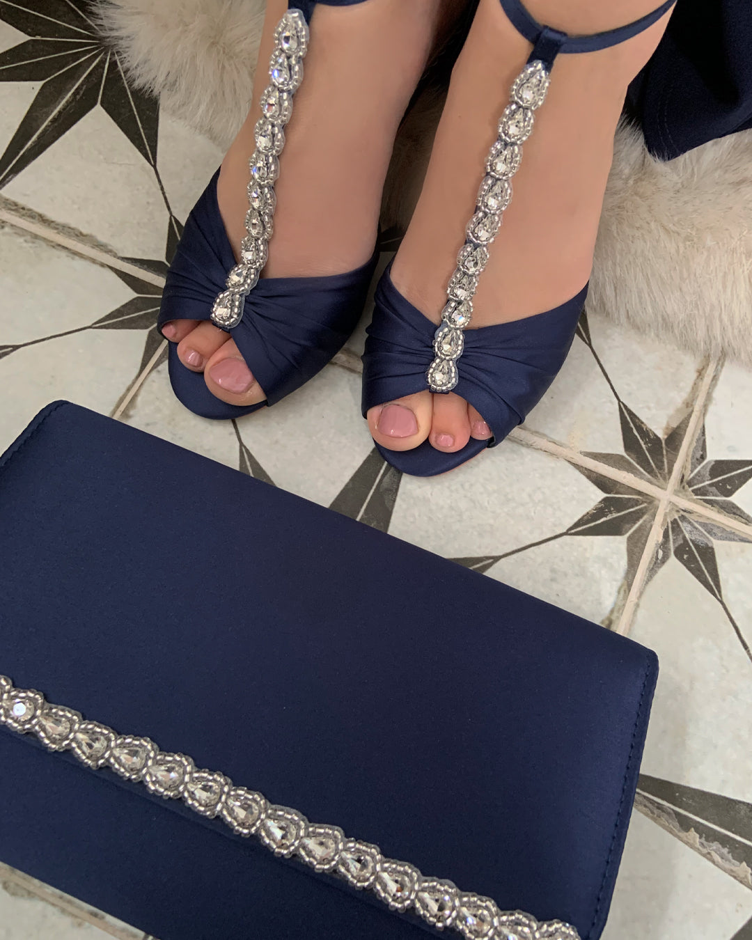 Dee midnight navy satin embellished clutch bag