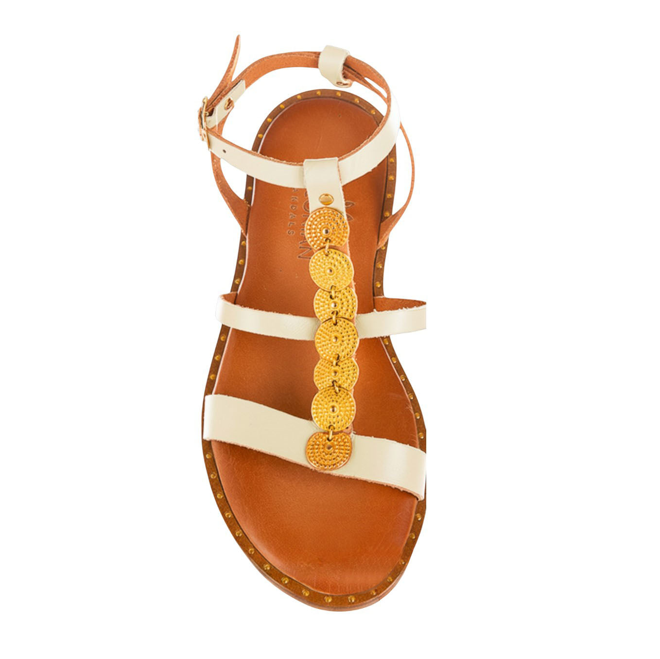 Elena off-white leather Greek sandal with gold discs