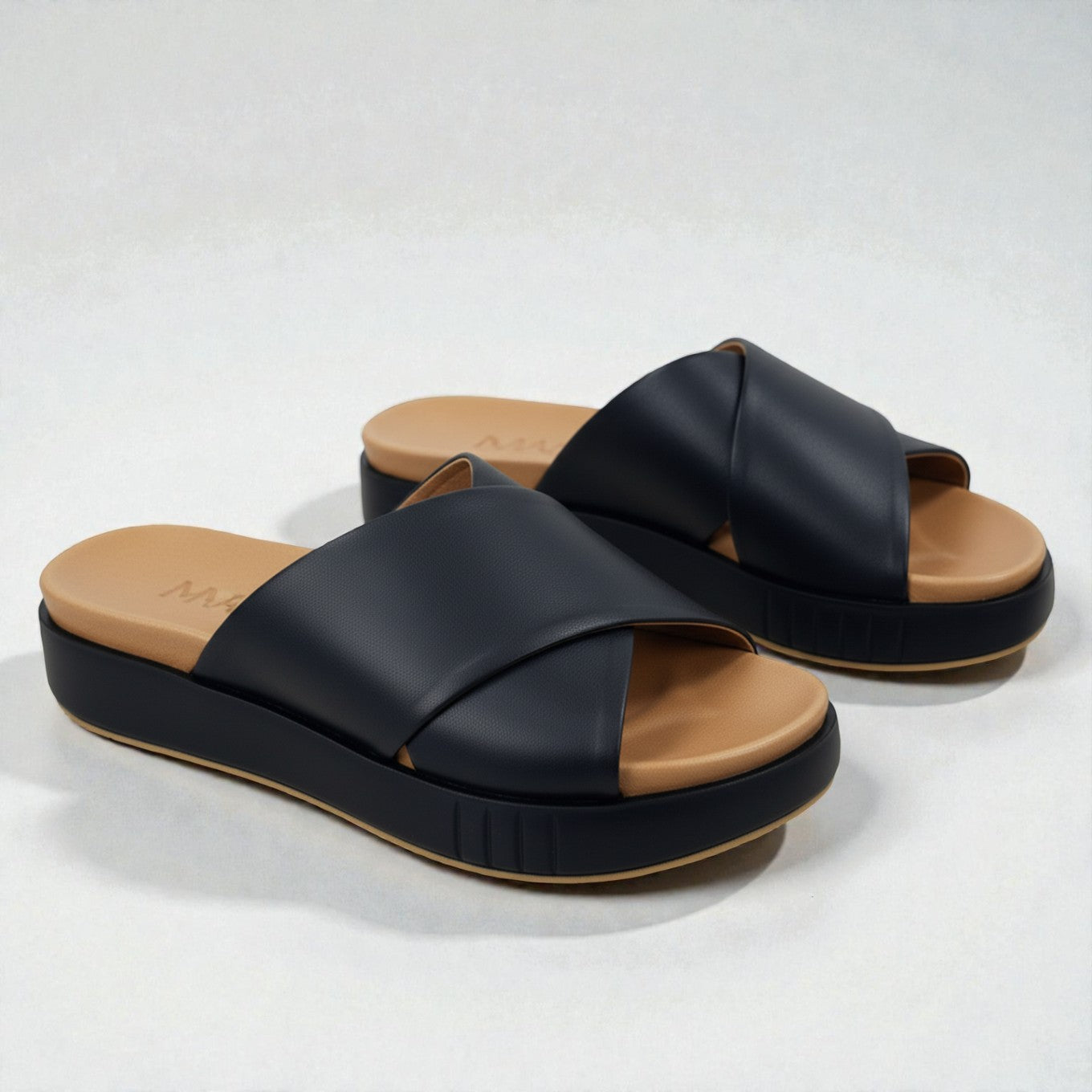 Esra black leather crossover wide strap platform slide
