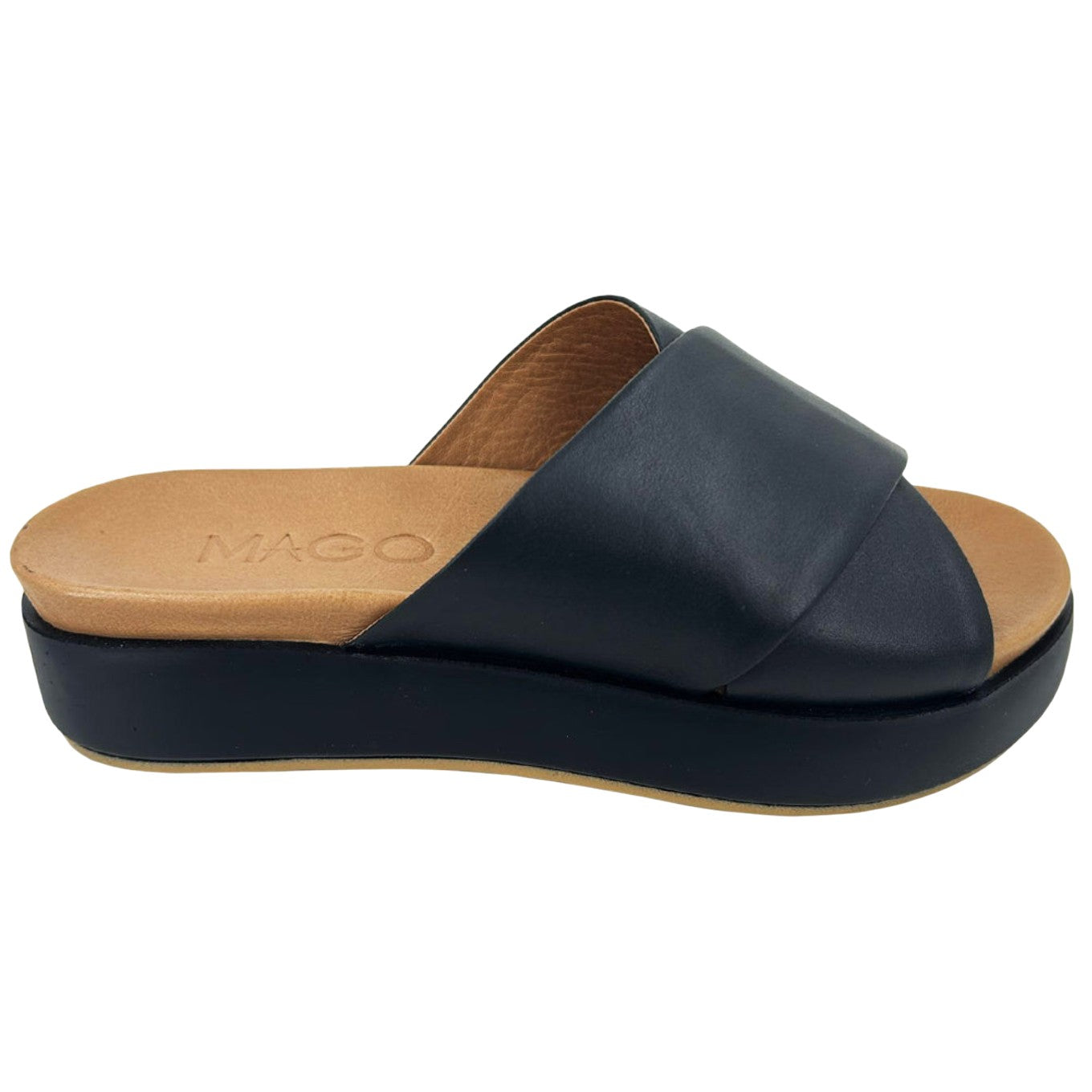Esra black leather crossover wide strap platform slide
