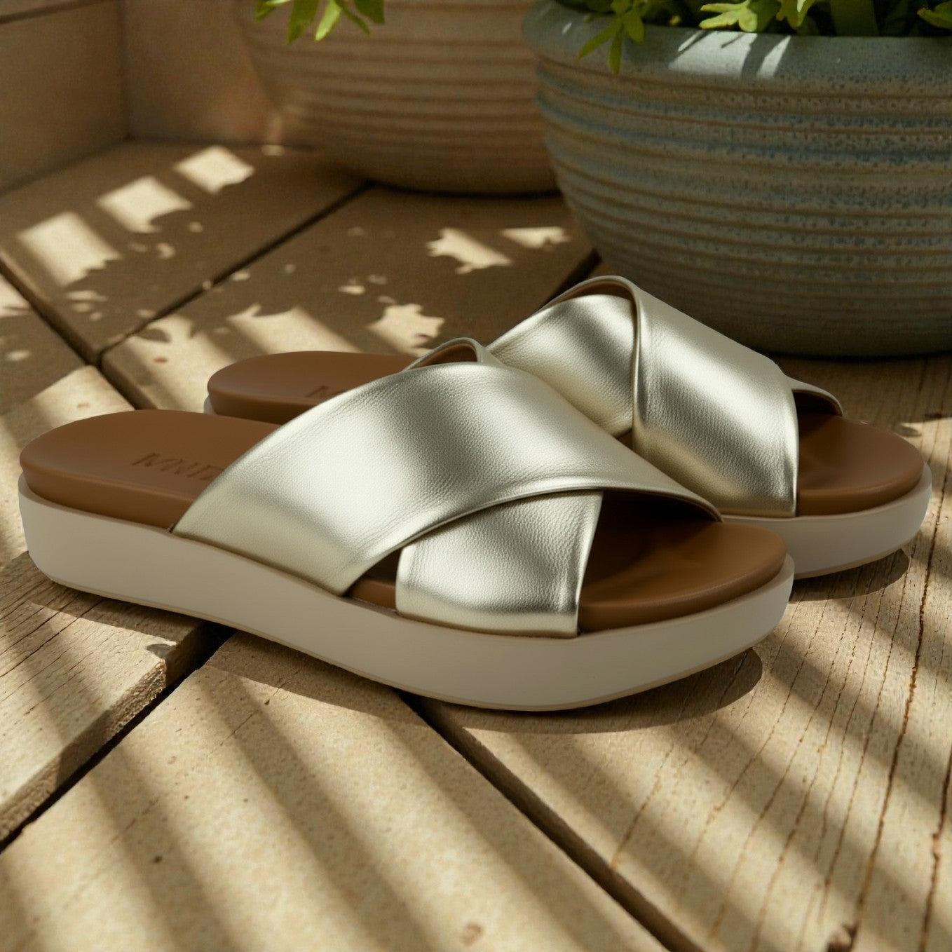 Esra gold leather crossover wide strap platform slide