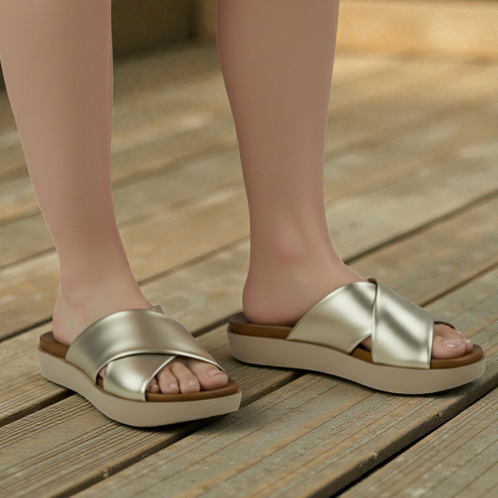 Esra gold leather crossover wide strap platform slide
