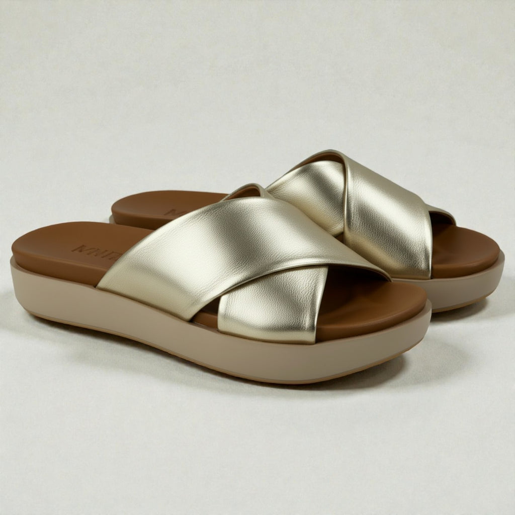 Esra gold leather crossover wide strap platform slide
