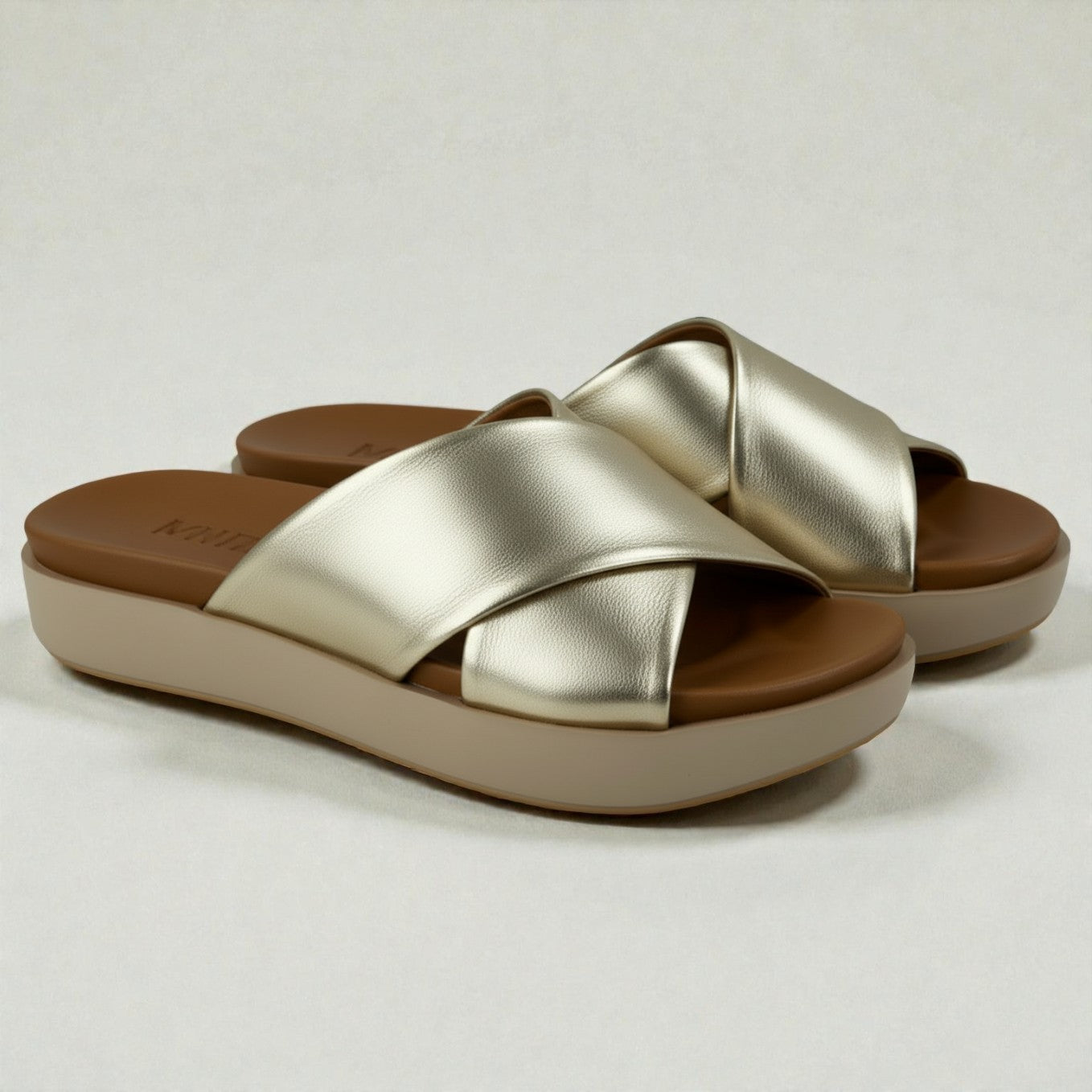 Esra gold leather crossover wide strap platform slide