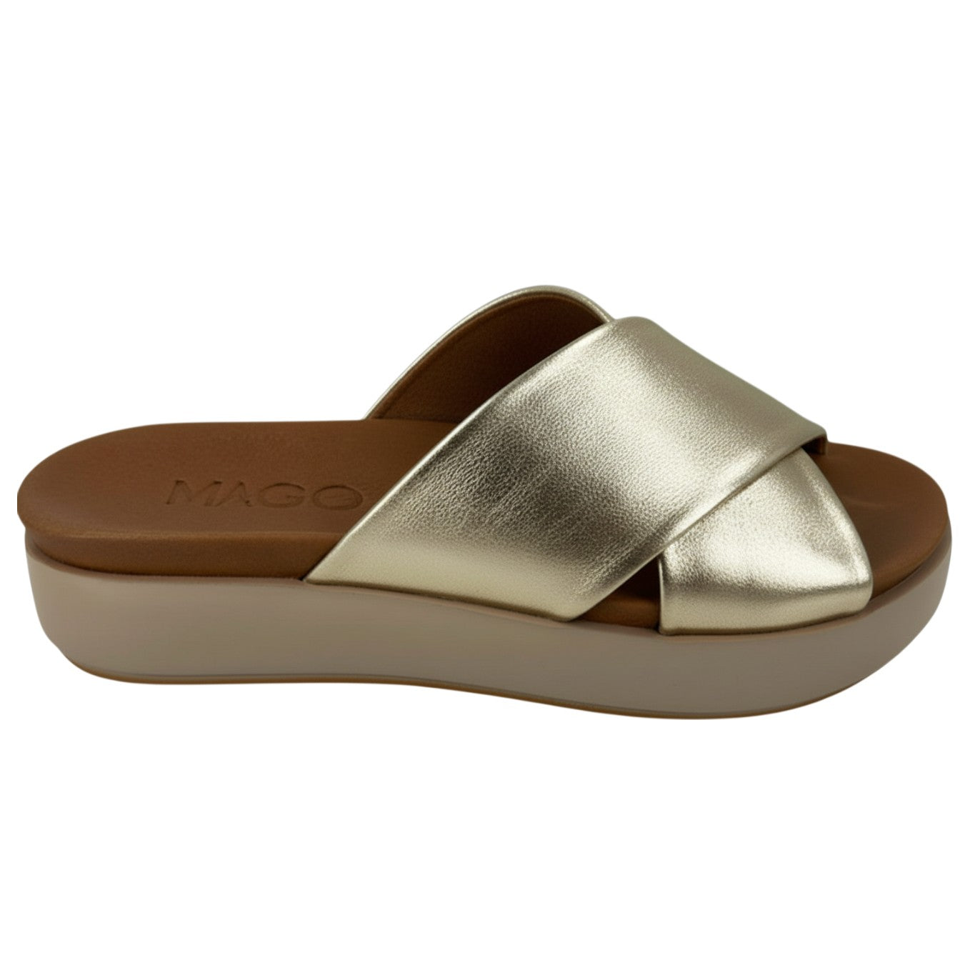 Esra gold leather crossover wide strap platform slide