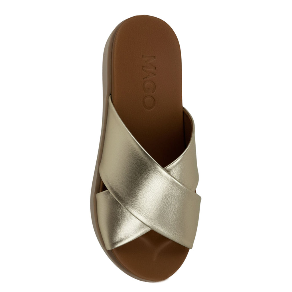 Esra gold leather crossover wide strap platform slide