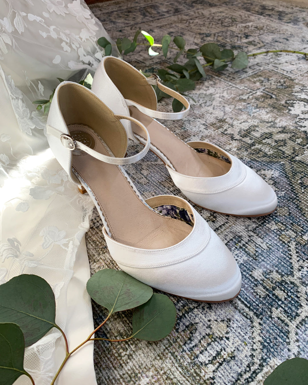 Elsa round toe ivory satin heels