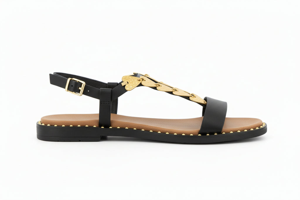 Rhea tan leather Greek sandals with gold hearts