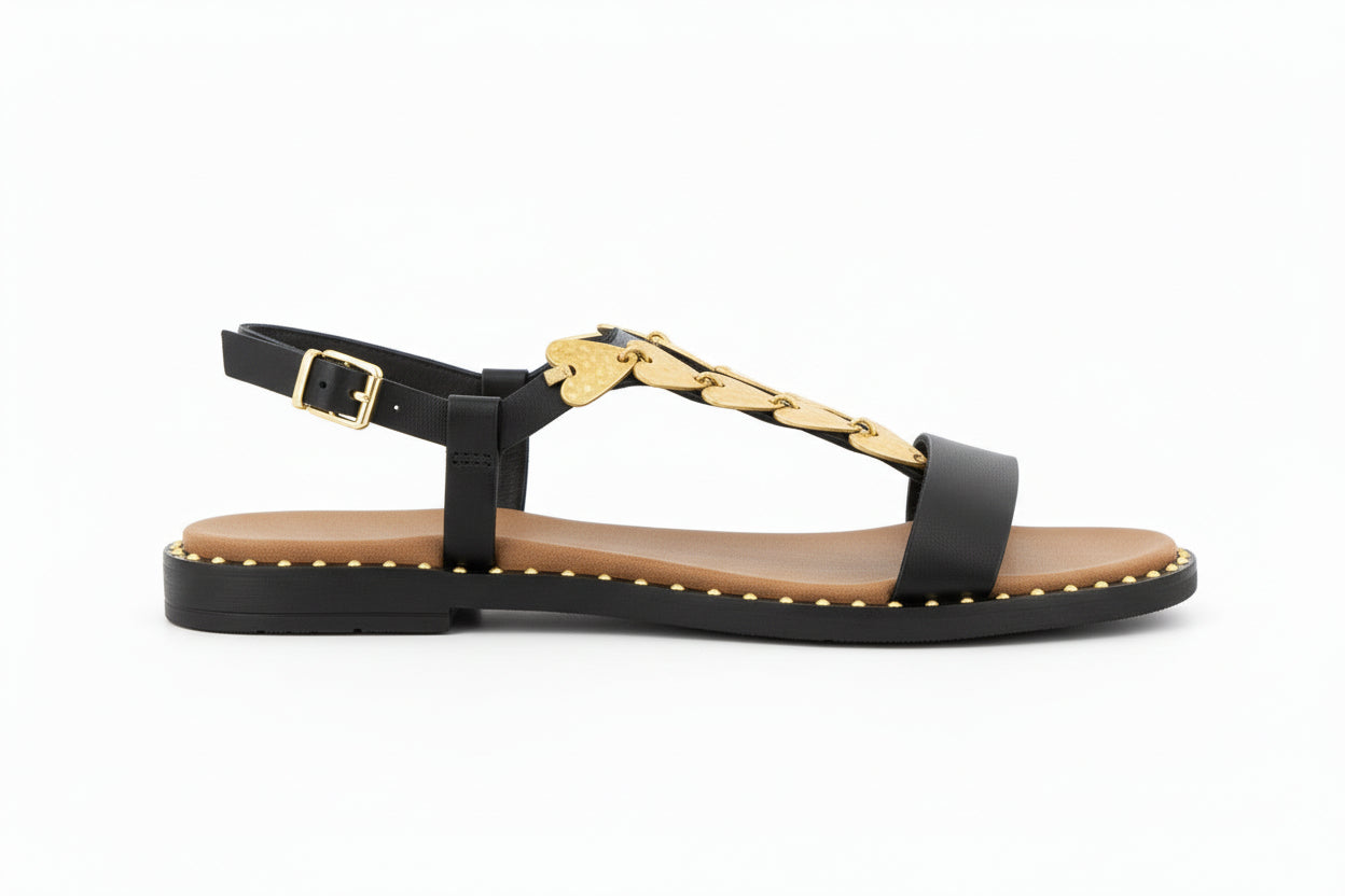 Rhea tan leather Greek sandals with gold hearts