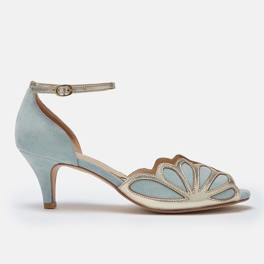 Isadora blue suede art deco peep-toes