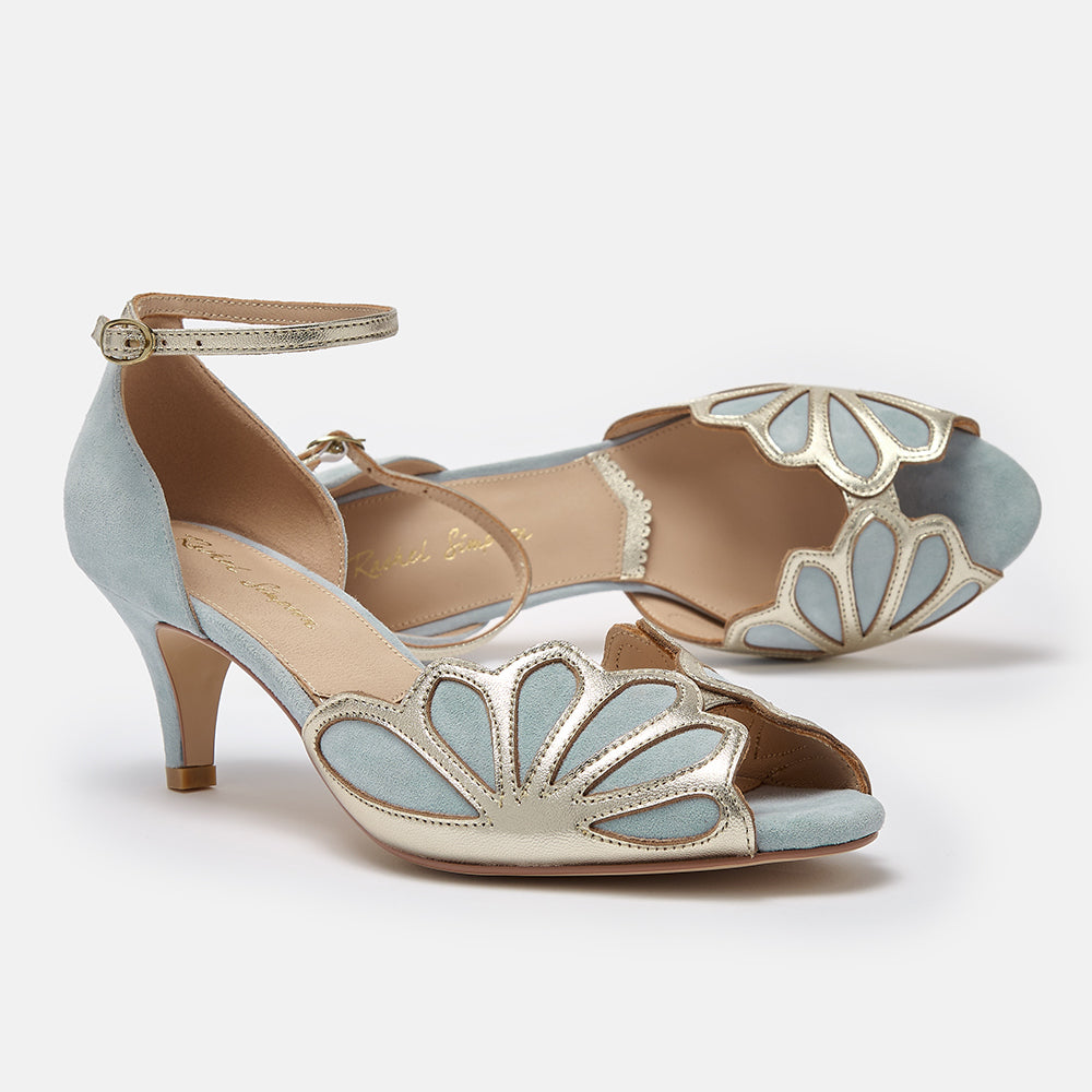 Isadora blue suede art deco peep-toes