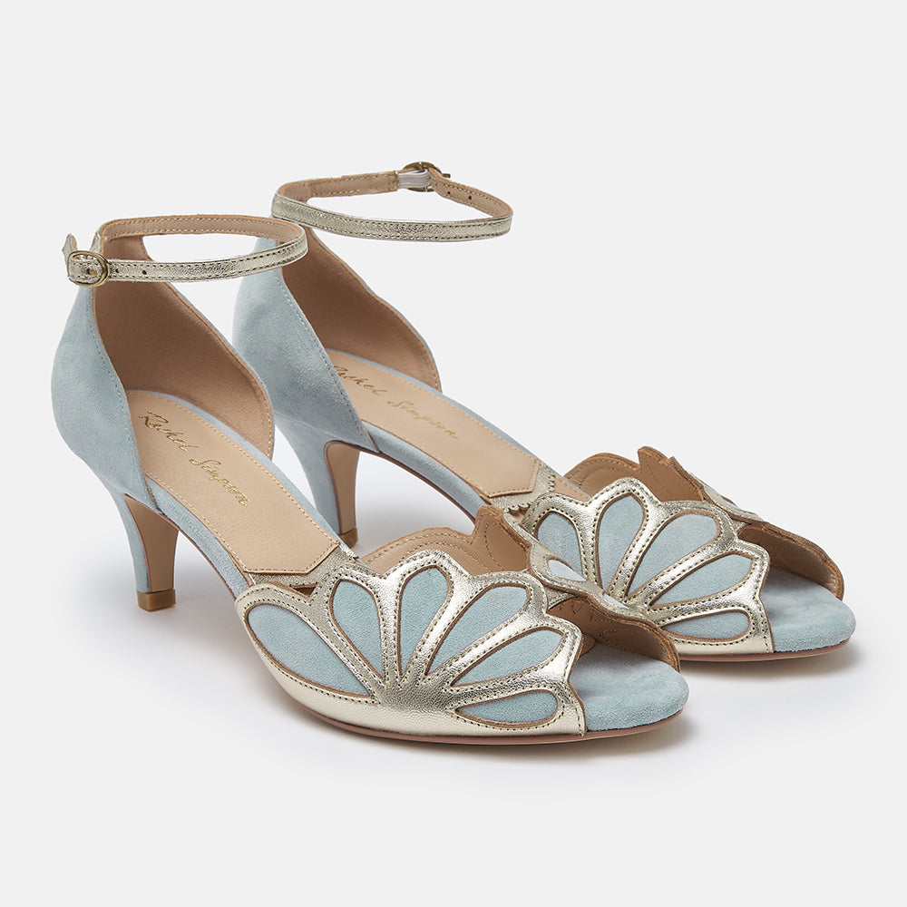 Isadora blue suede art deco peep-toes