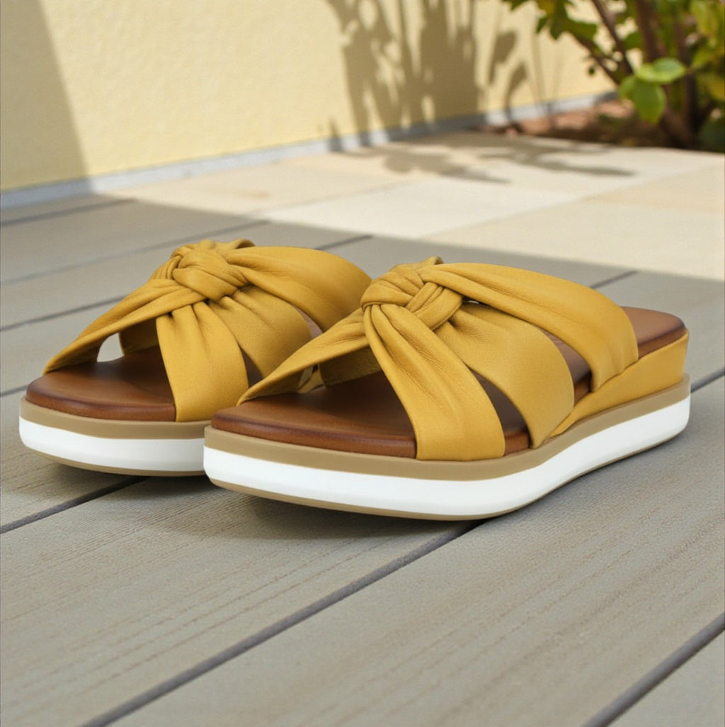 Leyla mustard leather twisted strap mule wedge