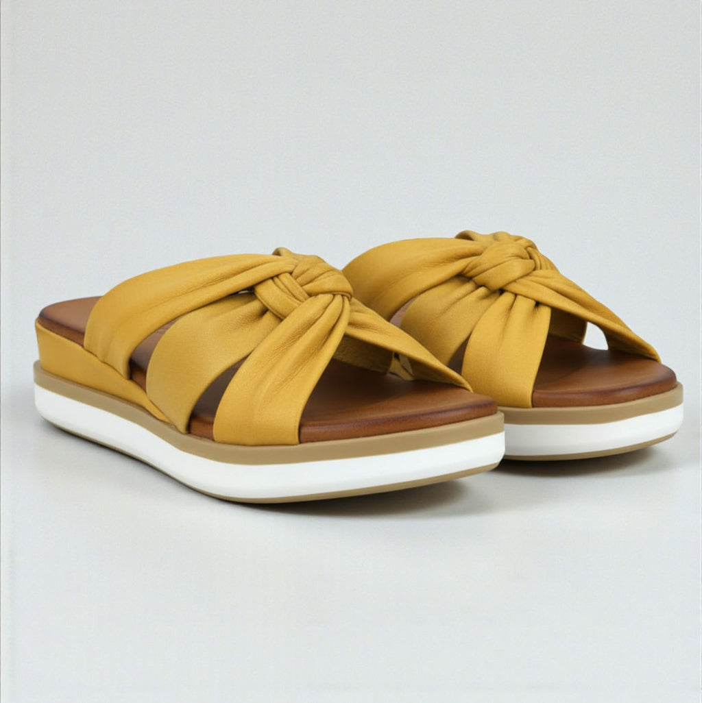 Leyla mustard leather twisted strap mule wedge