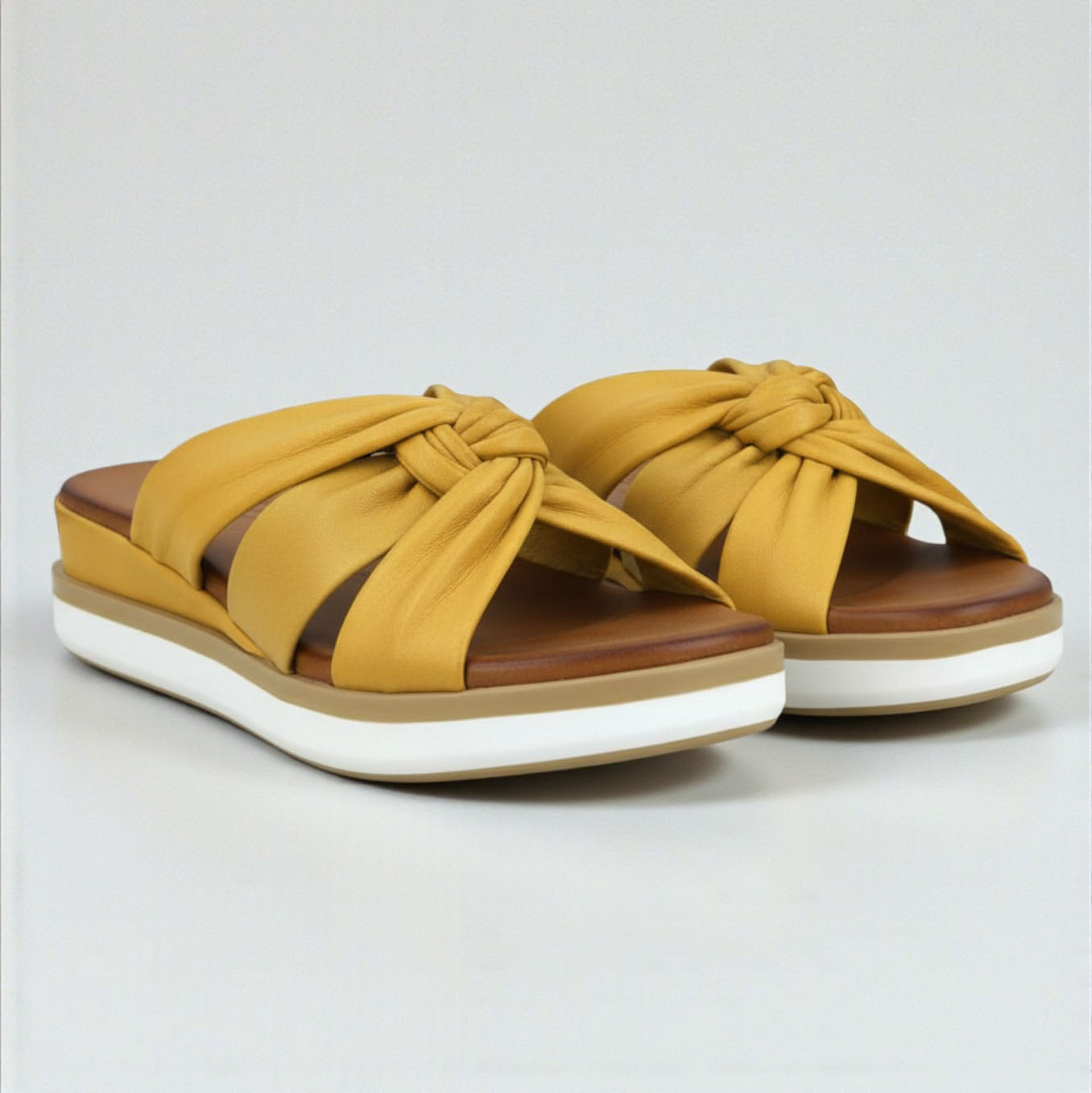 Leyla mustard leather twisted strap mule wedge