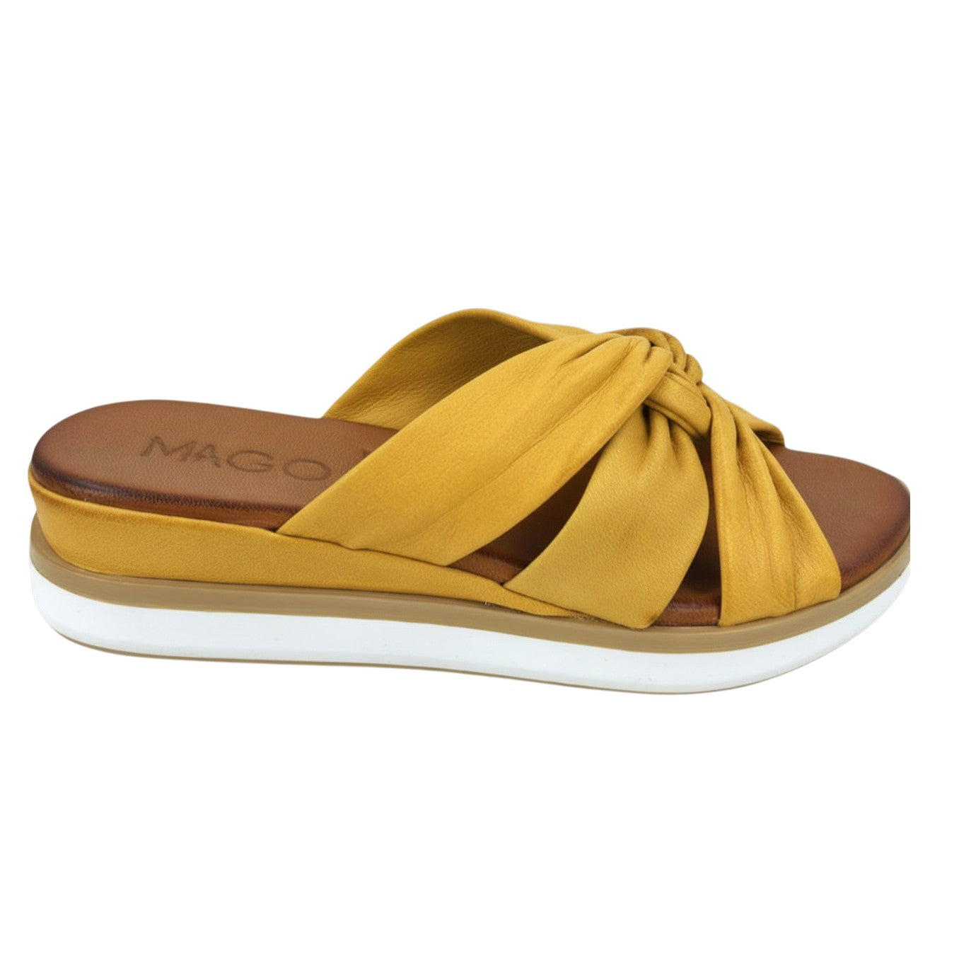 Leyla mustard leather twisted strap mule wedge
