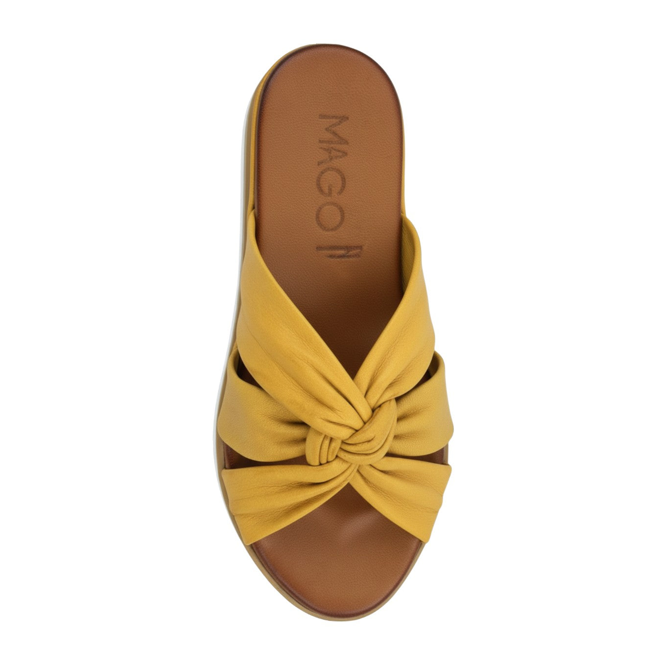 Leyla mustard leather twisted strap mule wedge