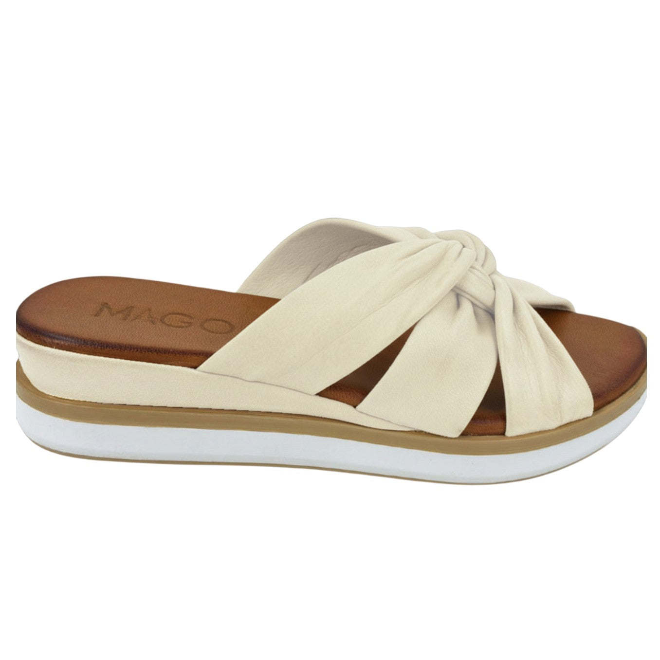 Leyla off-white leather twisted strap mule wedge