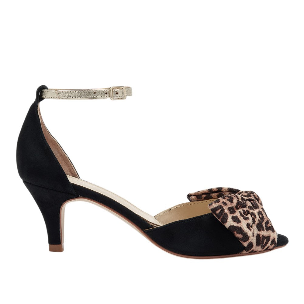 Margot black low heels with leopard bows