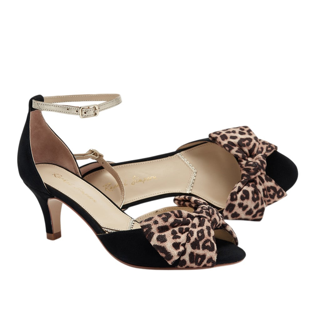 Margot black low heels with leopard bows