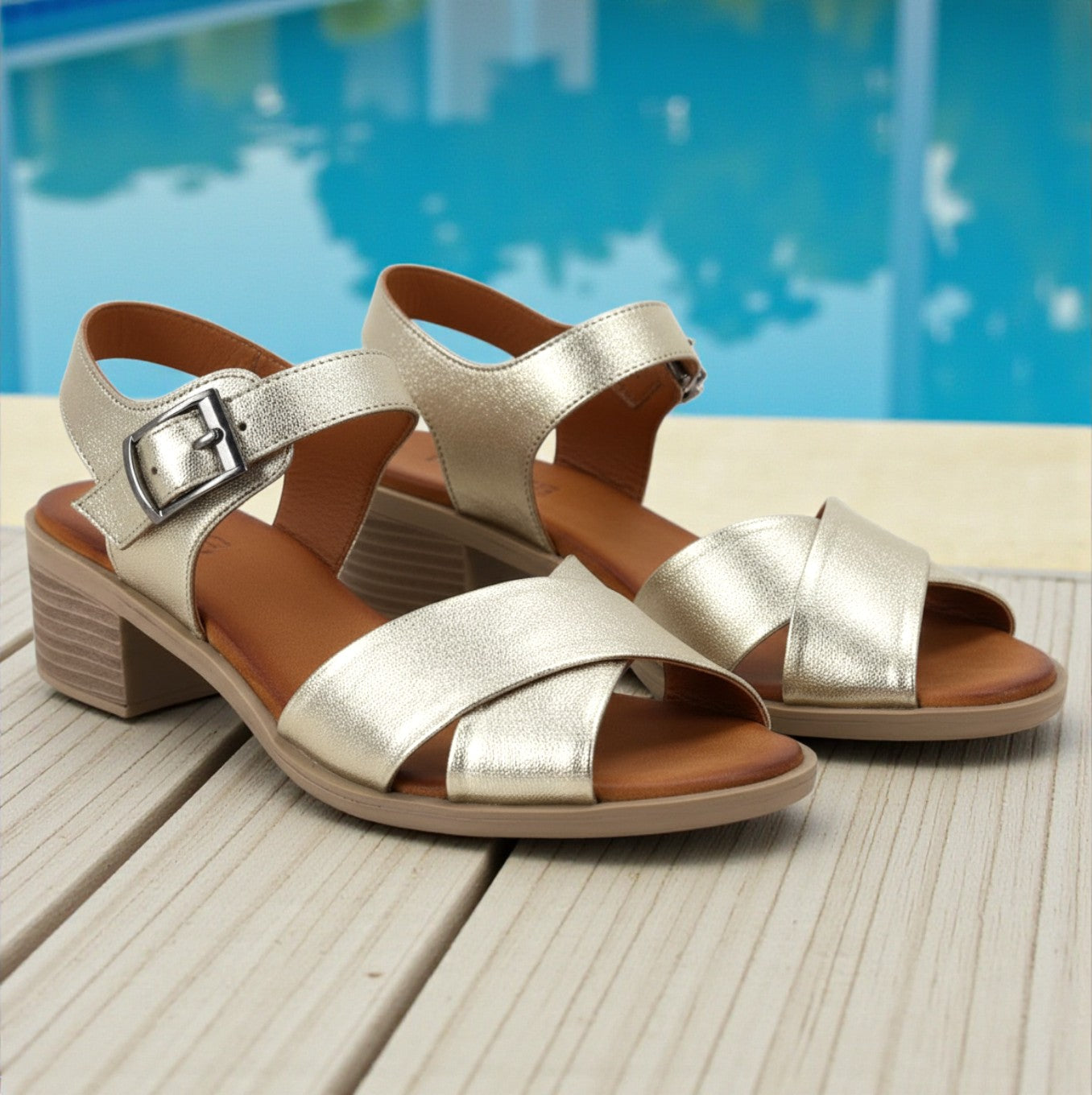 Mina gold leather crossover block heel sandal