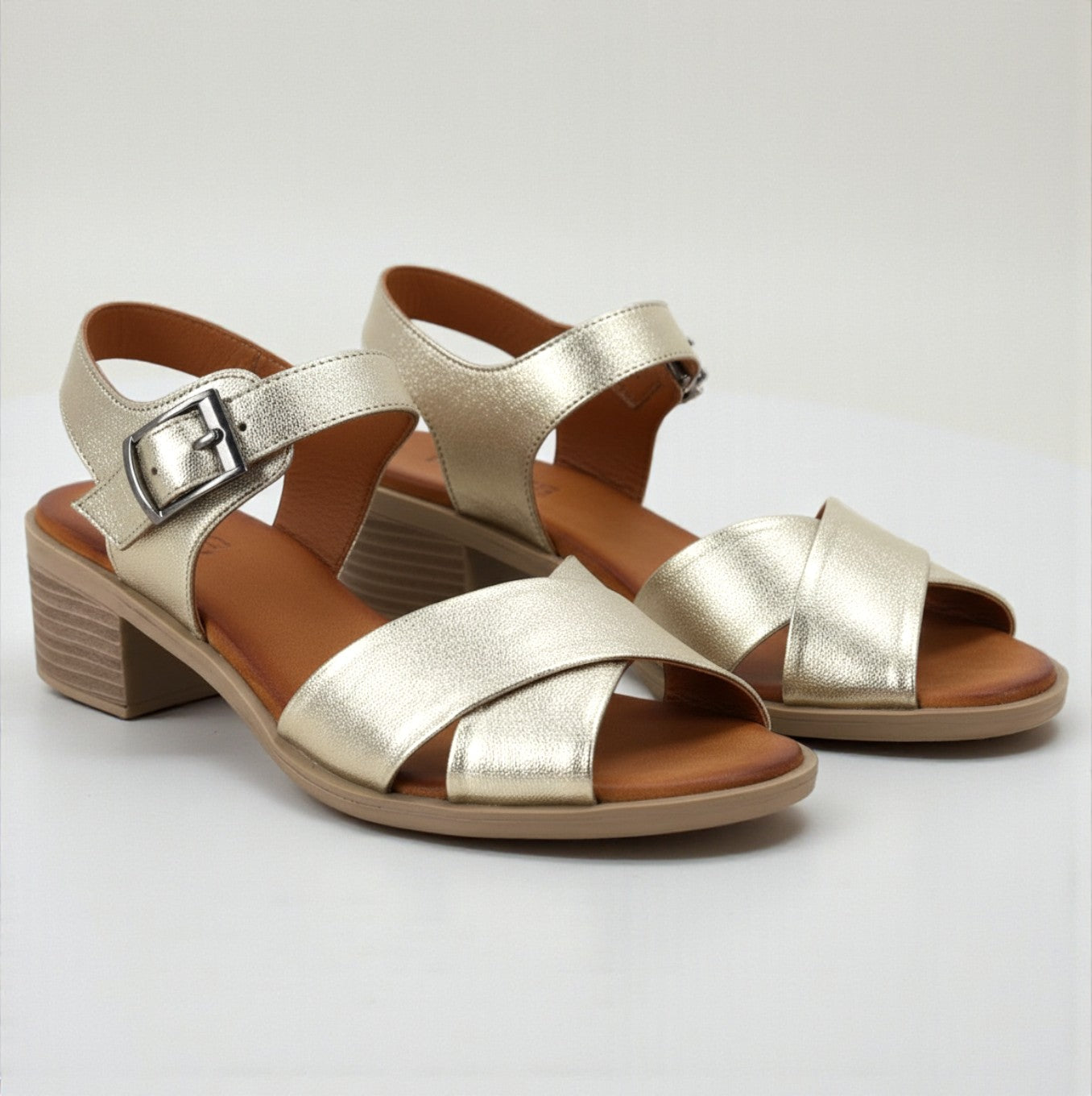 Mina gold leather crossover block heel sandal