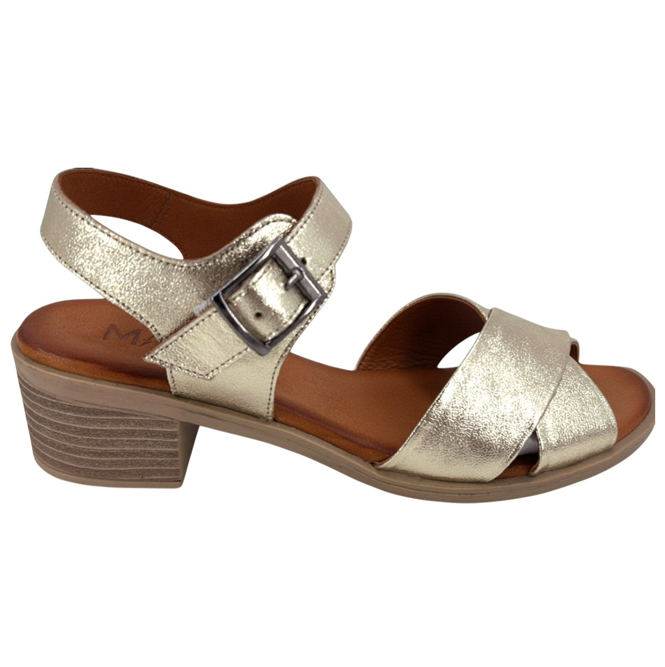 Mina gold leather crossover block heel sandal