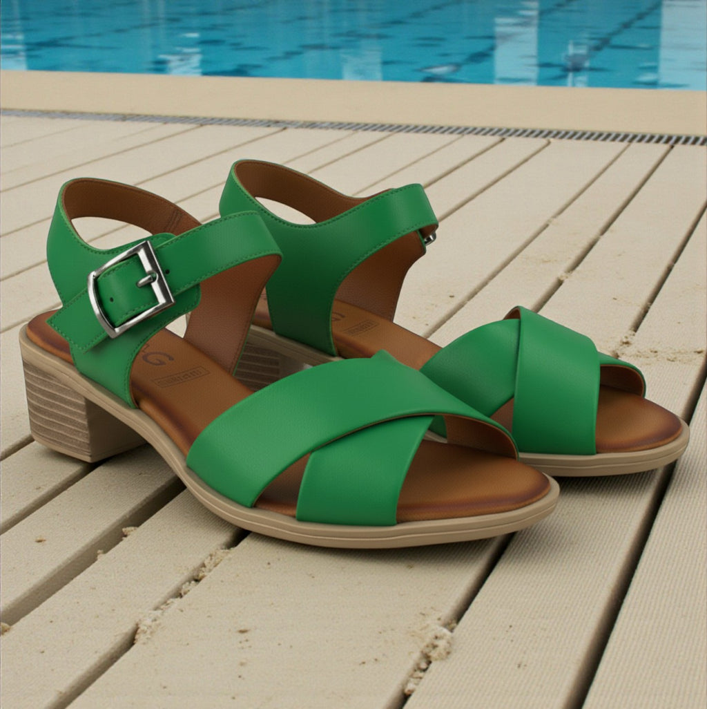 Mina green leather crossover block heel sandal