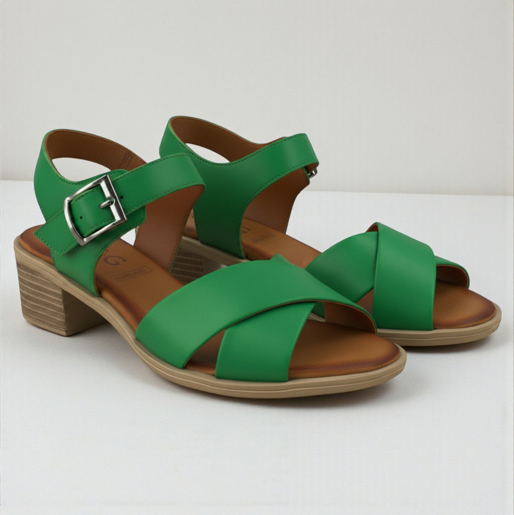 Mina green leather crossover block heel sandal