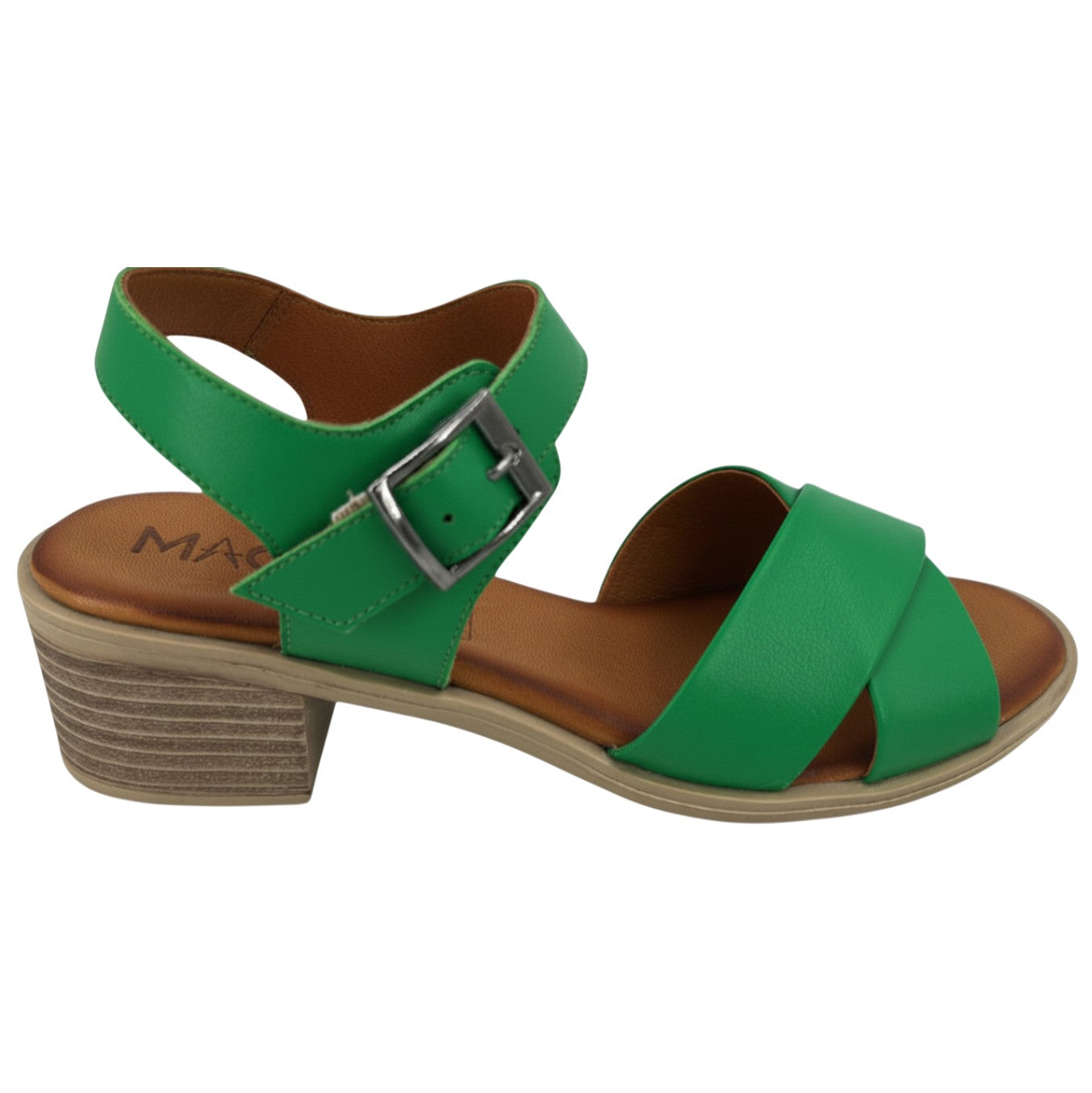 Mina green leather crossover block heel sandal