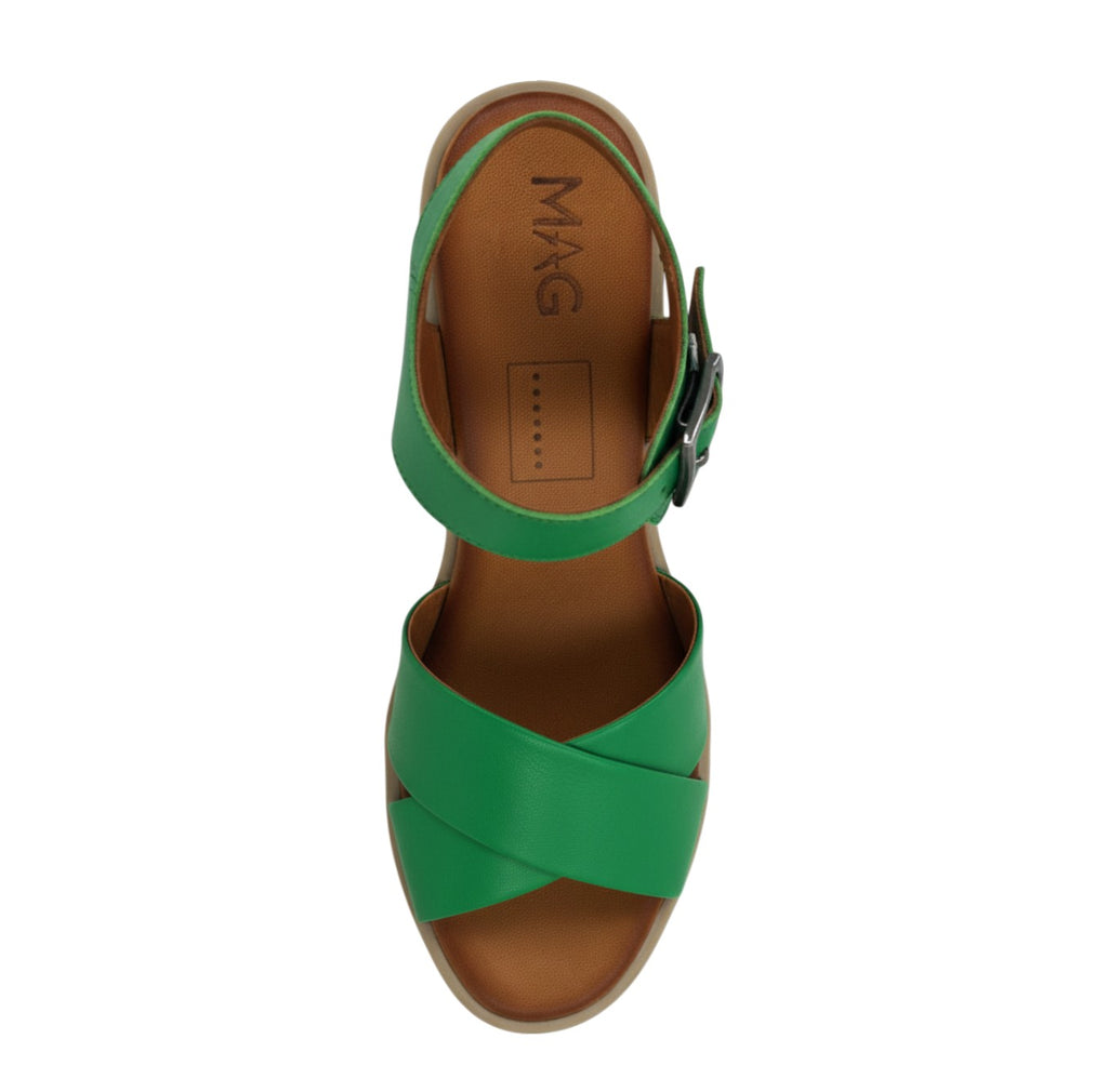 Mina green leather crossover block heel sandal