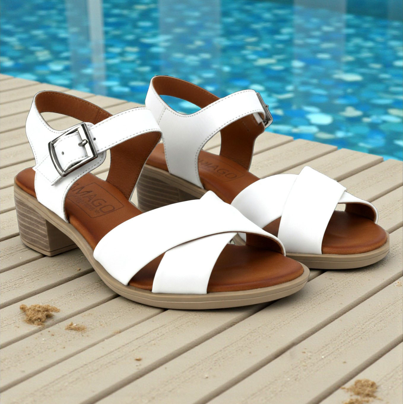 Mina white leather crossover block heel sandal