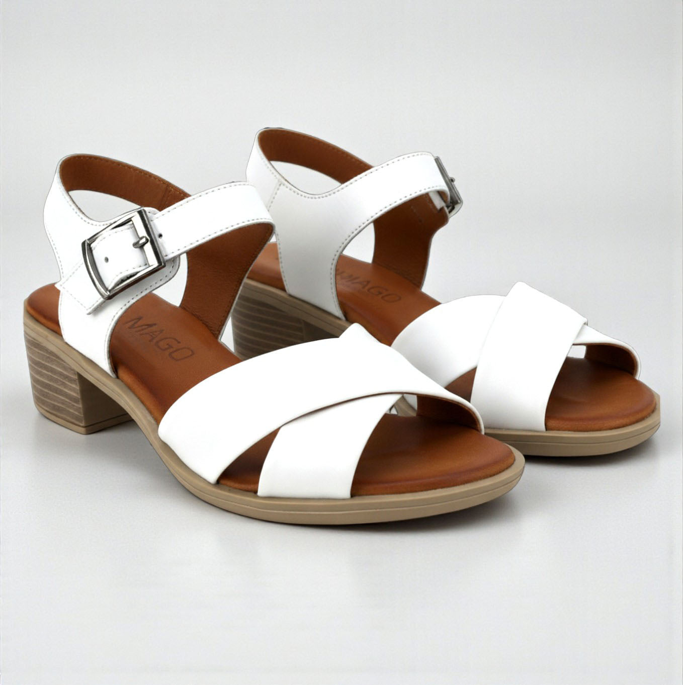 Mina white leather crossover block heel sandal