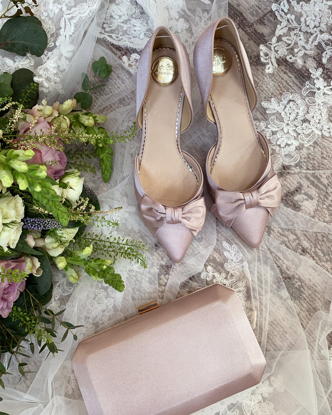 Margo taupe satin bow points