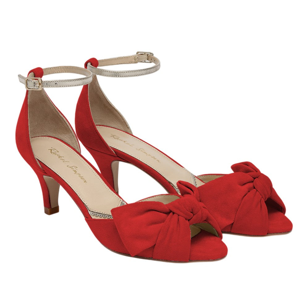 Margot scarlet red low heels with bows