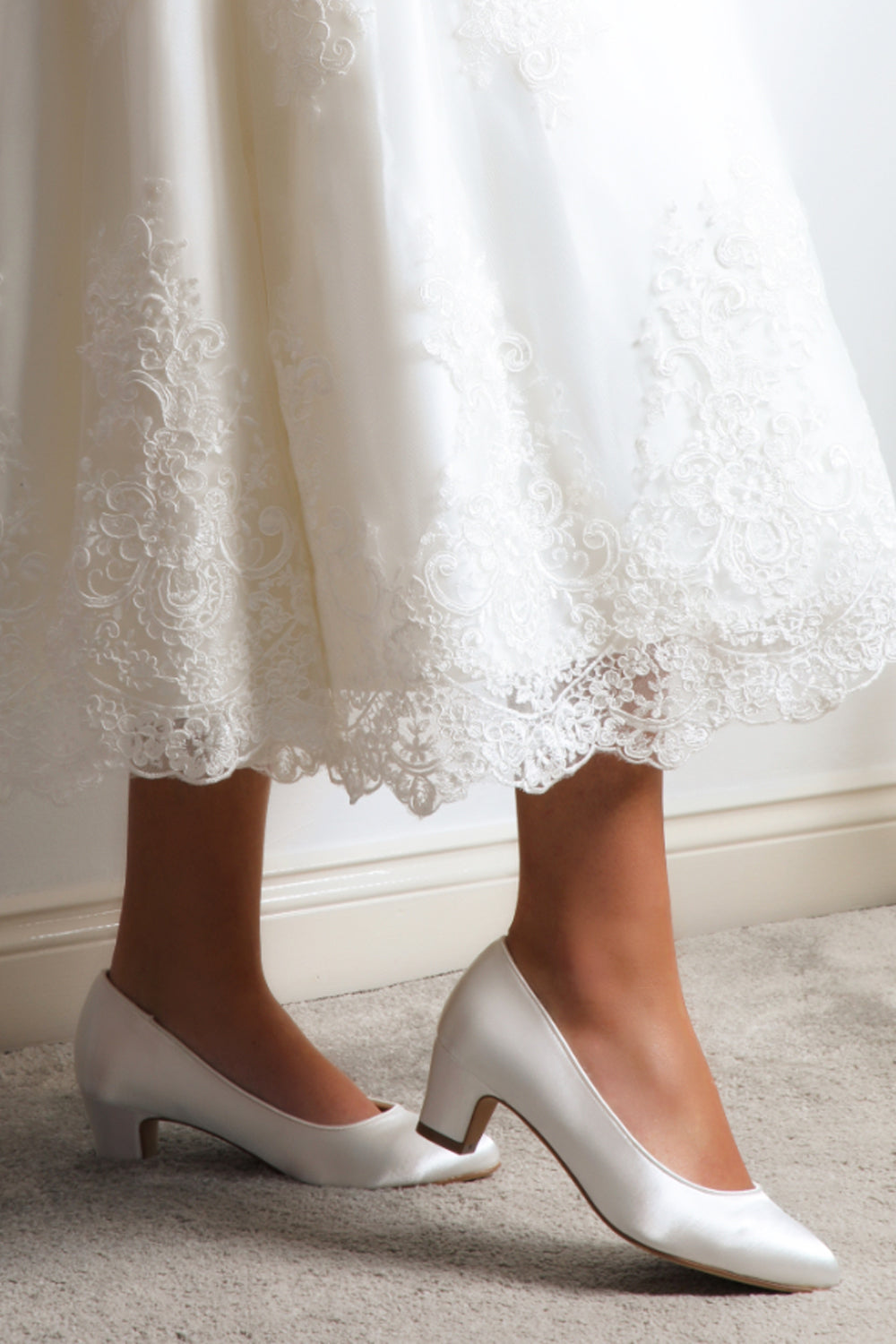 Melanie satin low heel wedding court shoes