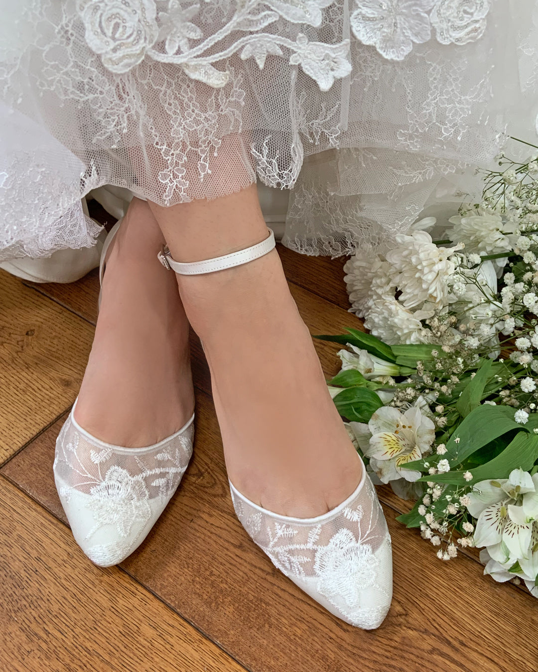 London ivory floral mesh flats