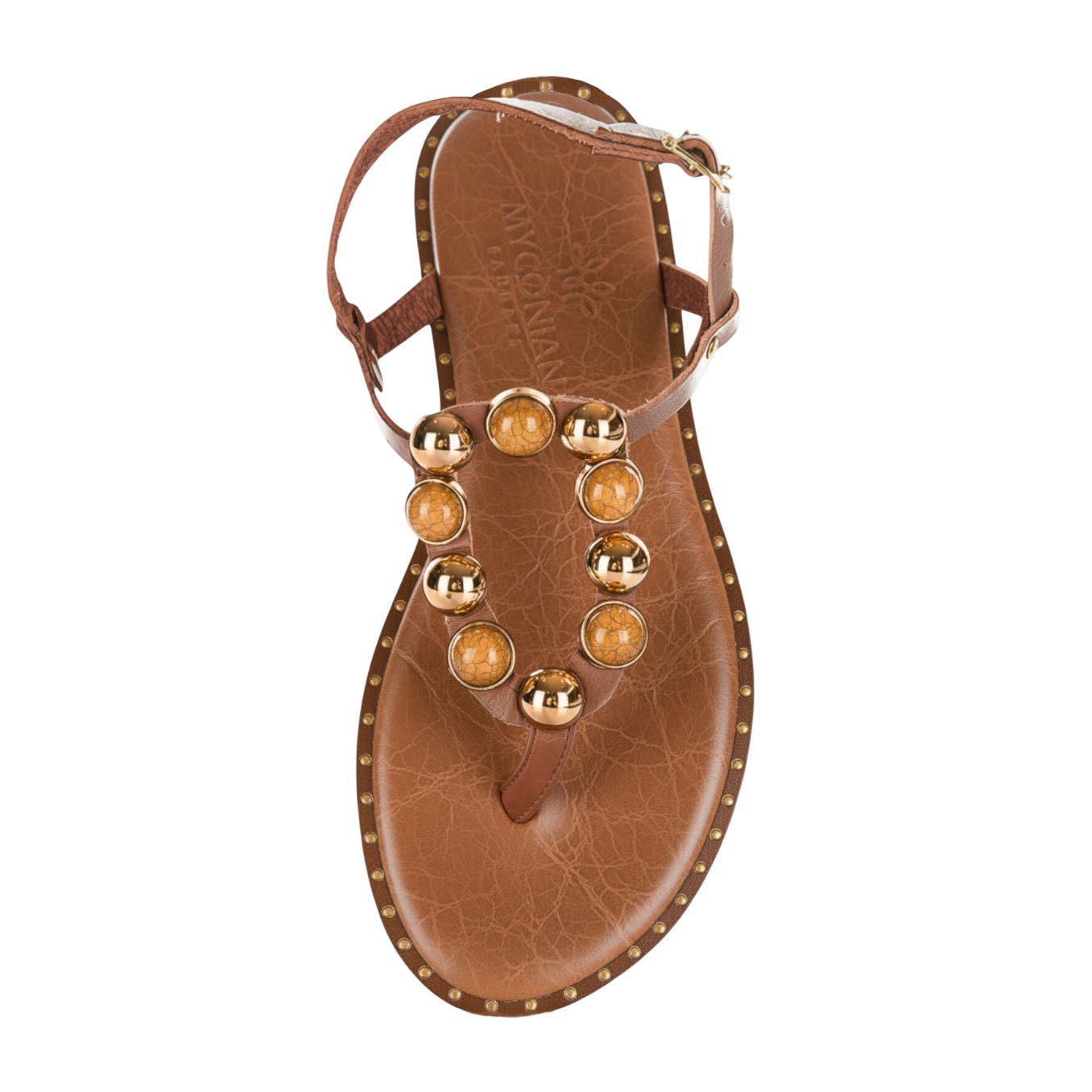 Naia tan leather Greek sandal with amber and gold stones