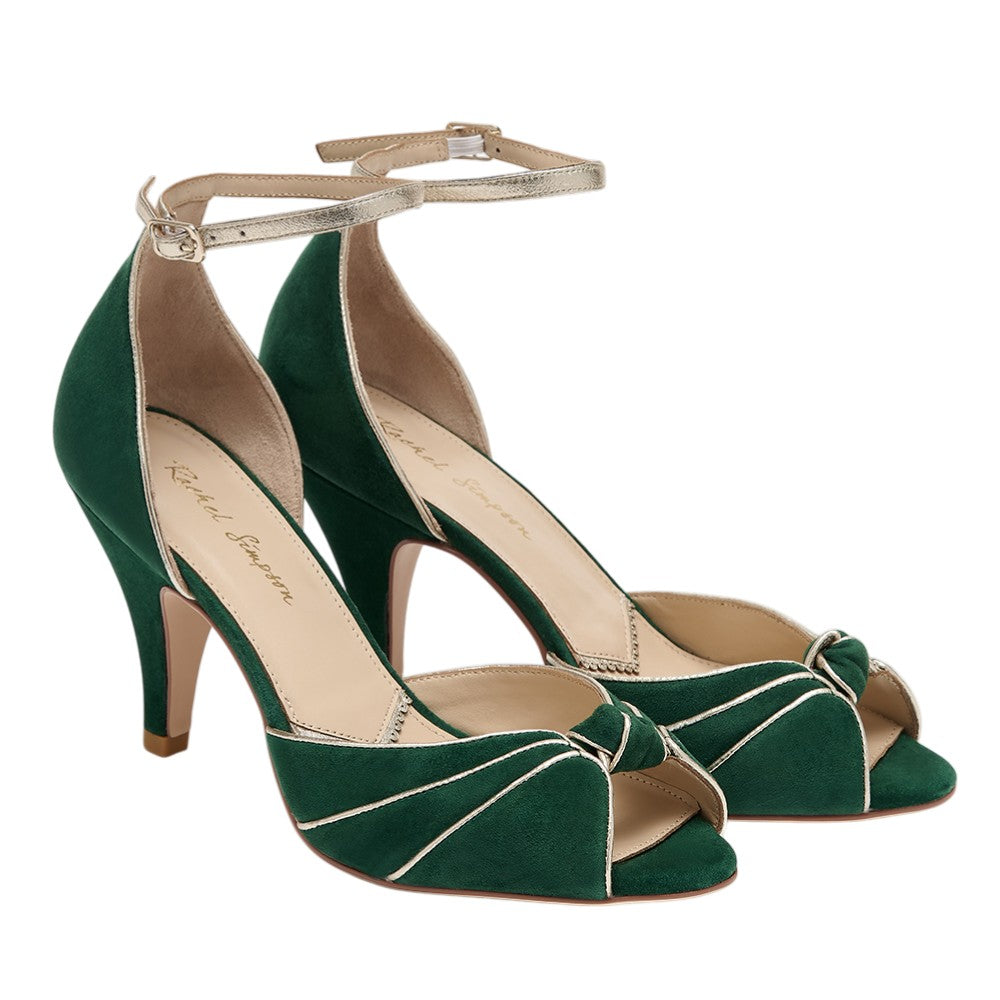 Olivia forest green and gold vintage heels
