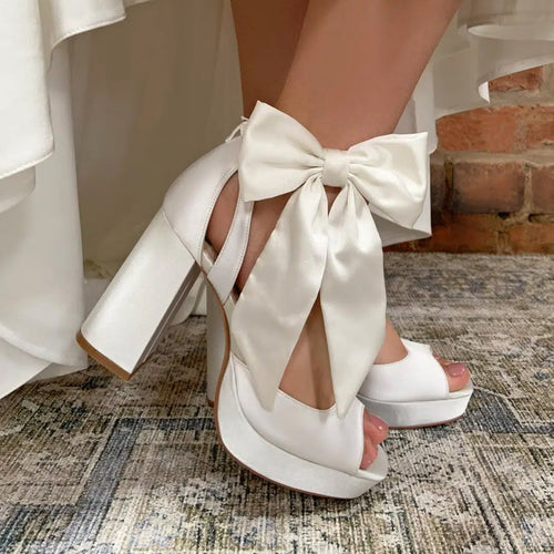 Camden ivory satin platform wedding shoes with detachable bows