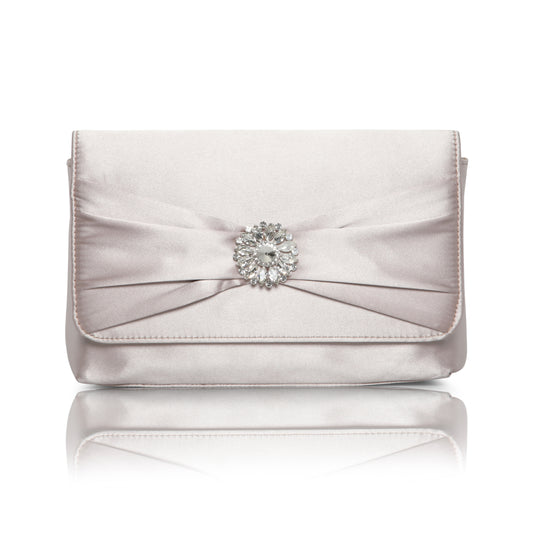 Cerise taupe satin clutch bag with brooch trim